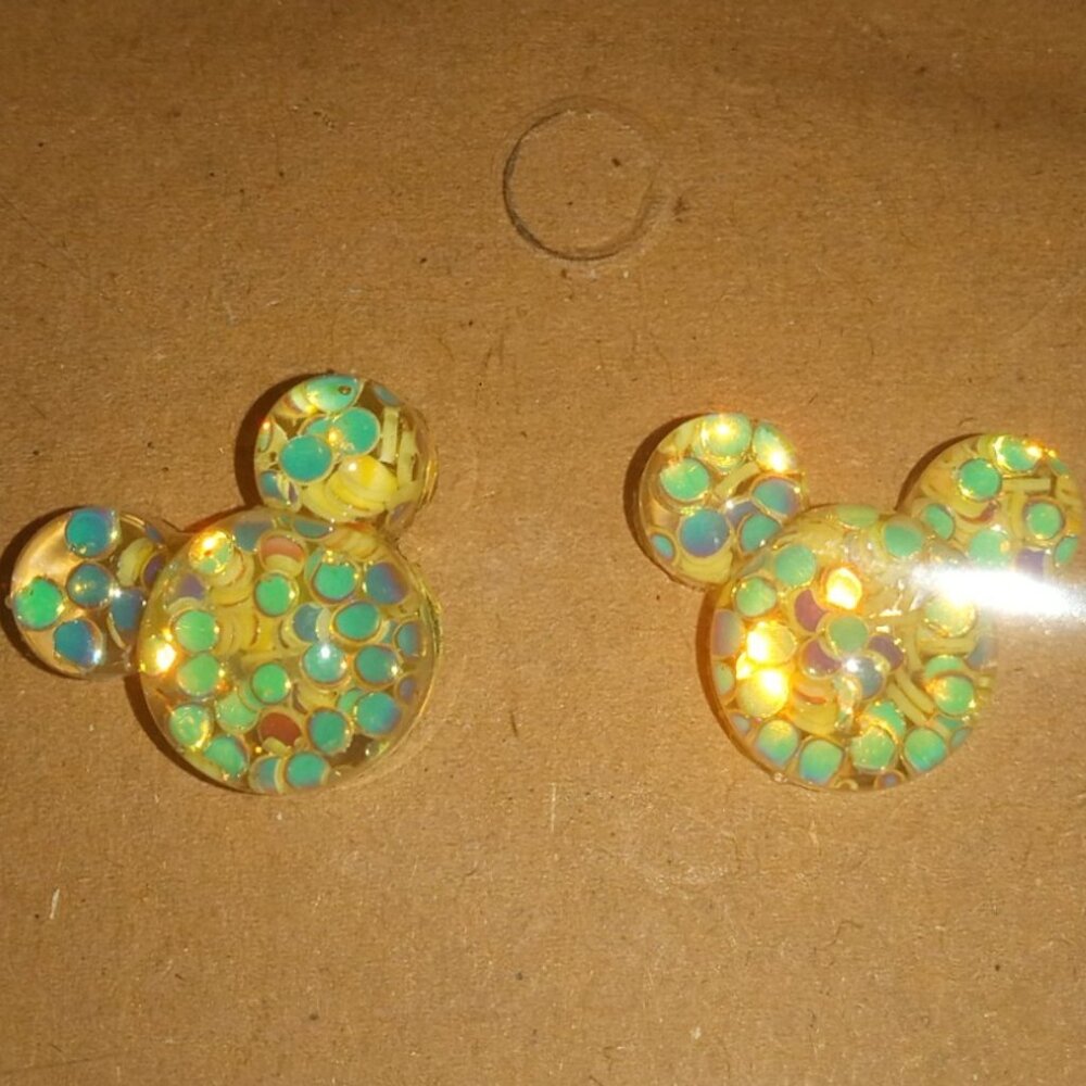 Yellow with Green Polka Dots Stud Mickey Earrings Handcrafted